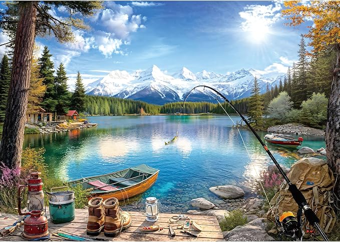 Lake Mountain Fishing Camp 300 Piece Puzzle for Adults, Fun Puzzles for Adults 300 Pieces with HD Print & Poster, 17"x11" Dust Free, for Gifts Halloween Christmas Family Games Lovers