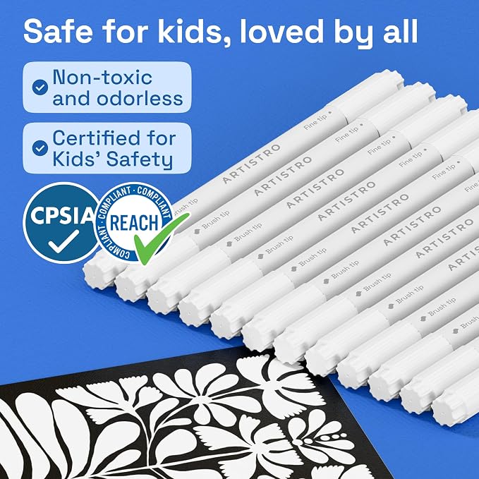 ARTISTRO 12 White Acrylic Paint Markers - Paint Pens for Drawing - For Fabric, Rock, Glass, Wood, Molds - Arts & Crafts Gift for Adults, Teens, Kids, Classroom Must Haves & School Supplies