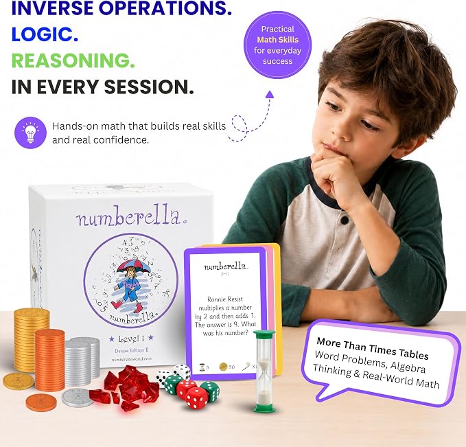 Numberella Deluxe Math Card Game for Kids – Level 1 | Ages 7–10, Grades 2–4 | Mental Math & Times Tables | Award-Winning Data-Proven STEM Game | Family, Homeschool & Classroom | 432 Questions