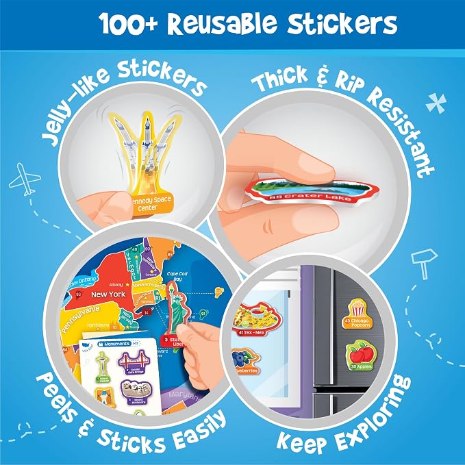 Imagimake Mapology USA Map with Reusable Stickers | 100+ Jelly Stickers | Classroom Geography Games & Learning Kids Toys Age 5-8 | Gifts for Boys & Girls Age 5,6,7,8,9,10,11,12 Years Old