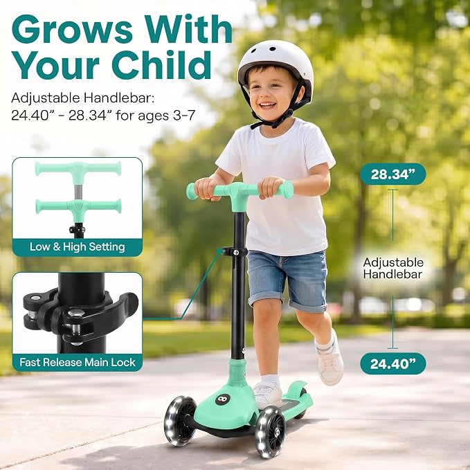SereneLife Toddler Scooter, Adjustable Micro Scooter for Ages 2-5, Lightweight Kids 3 Wheel Design with LED Light-Up Wheels, Anti-Slip Deck & Lean-to-Steer Control, Indoor/Outdoor Use (Mint Green)