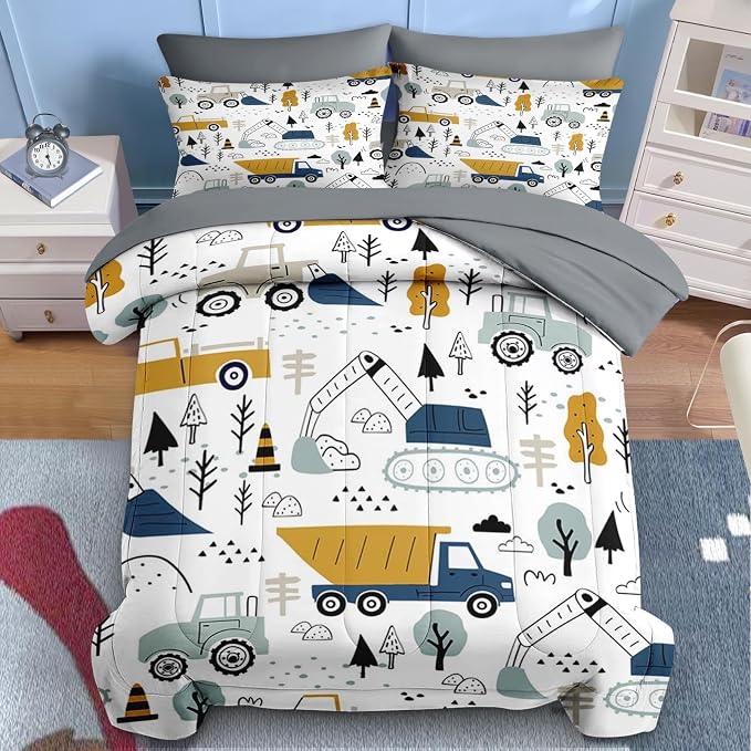 Nesker 7 Pcs Comforter Set Full Size, Cute Cars Truck Tractor Bedding for Kids Teen, Cargo Crane Bulldozer Excavator with Fitted Sheet 2 Pillowcases & 2 Shams for Bedroom Bed Decor