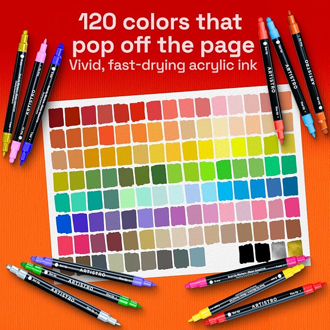 ARTISTRO 120 Precision Dual-Tip Acrylic Paint Markers – Paint Pens Set with Dot & Fine Tips for Fabric, Rock, Glass, Wood, Coloring Books – Arts & Crafts Gift – Classroom Must Haves & School Supplies