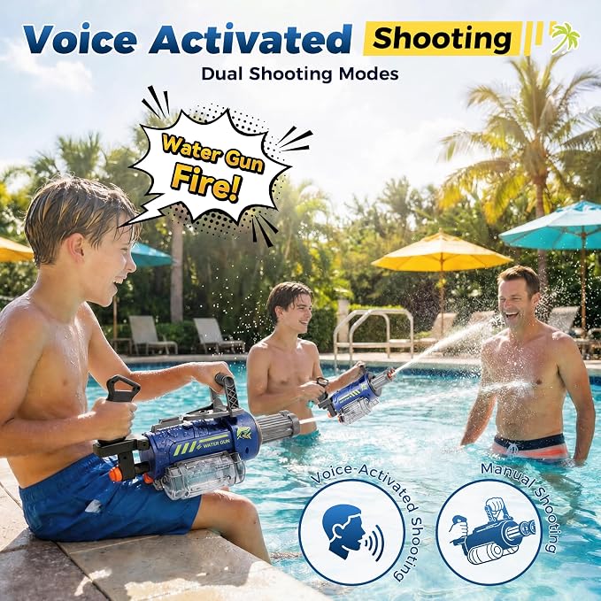 Electric Water Gun for Adults & Kids, Voice Control Automatic Water Guns, 26-30 FT Long Range Gatling Watergun with LED Lights, Squirt Water Guns Summer Outdoor Pool Toys for Boys Girls Ages 8-12+