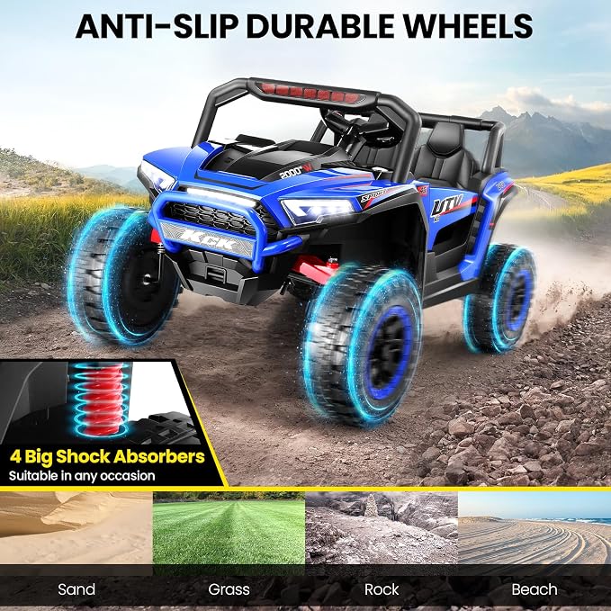 Hikole Power Car Wheels Two Seater, 24V Electric Ride on Car with Parent Remote Control, XXL Wide Seat, Electric Car for Kids Ages 4-8, Driving/Reverse, 4 Wheeler Suspension, Dark Blue