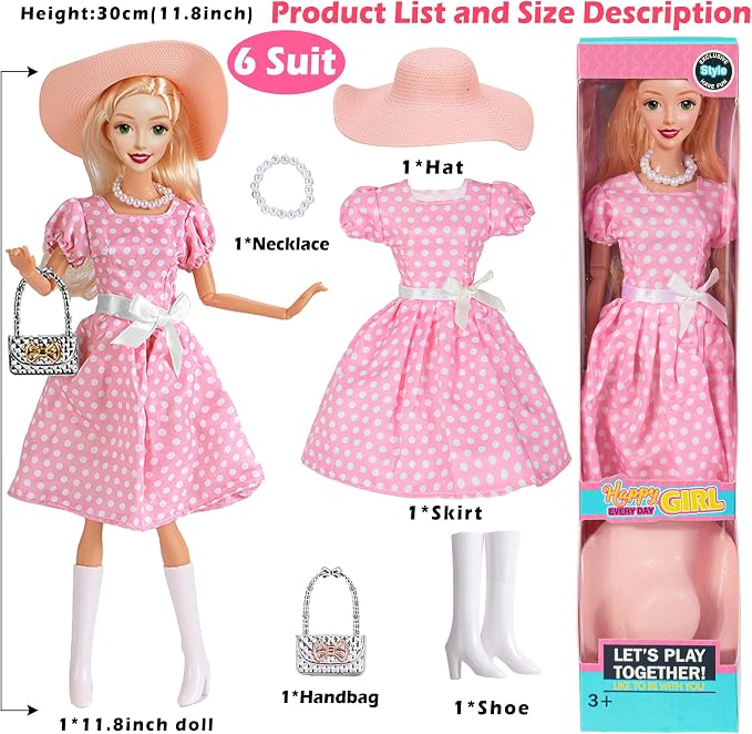 6 Pack Fashion 11.5 inch American Toy Prinecess Dolls Playset with Outfits Dress Design and Accessories Like Handbag Hat Crown Necklace Suitcase (Gift Box Package)