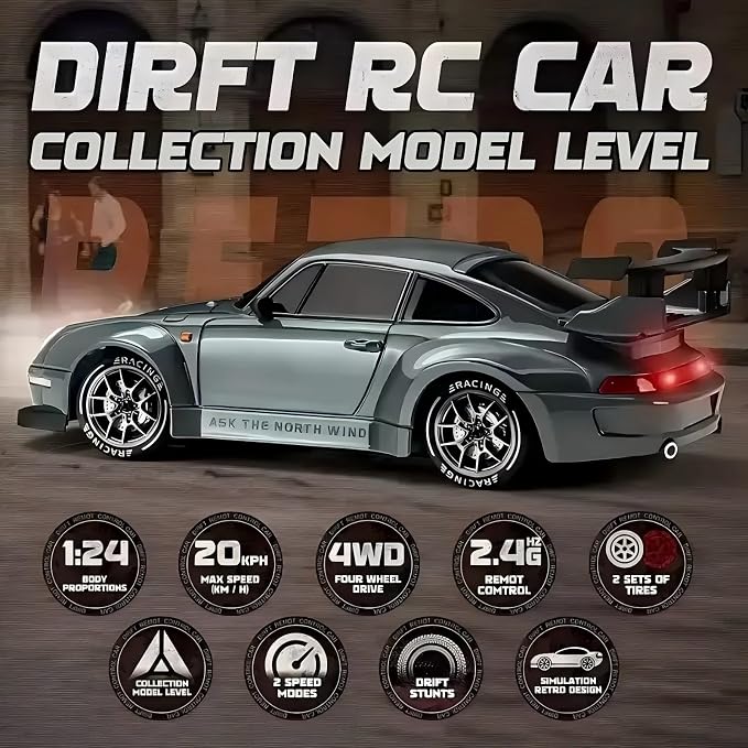 1:24 Scale RC Drift Car with LED Lights, 25km/h 4WD High Speed, Dual Batteries 50+ Min Play, 2.4GHz Remote Control, Multi-Surface Drift Tires, Racing Toy Vehicle for Adults Boys Girls, Royal Enforcer