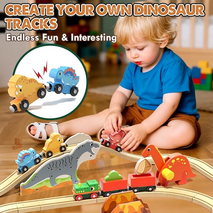 Lehoo Castle Wooden Train Set, Dinosaur Wooden Train Track Set, Wood Toy Train Set for Toddlers 2-4, Train Toys for Toddlers 3-5, Fits Thomas, Fits Brio, Fits Melissa and Doug