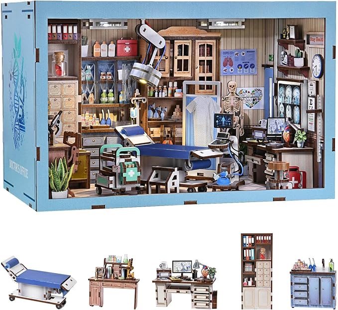 fifijoy Book Nook Kit - DIY Miniature House Doctors Clinic Dollhouse Kit for Adults, Book Nook Tiny House Bookshelf Decor Creative 3D Wooden Puzzle, Gifts for Family, Friends (Doctor's Office)