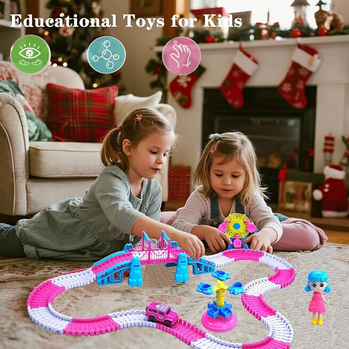 Race Tracks for Kids Ages 4-8, 203 PCS Pink Magic Tracks Electric Toys, Flexible Car Track Set Girls Toys Birthday Gifts for 2 3 4 5 6 Year Old Girls and Toddlers