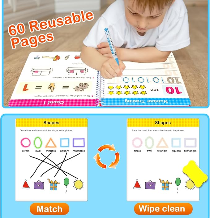 Preschool Learning Activities 60 Reusable Pages, Number Tracing Addition Subtraction Math Practice Kindergarten Workbook, Educational Fine Motor Toddler Learning Toys for 3 4 5 Year Olds