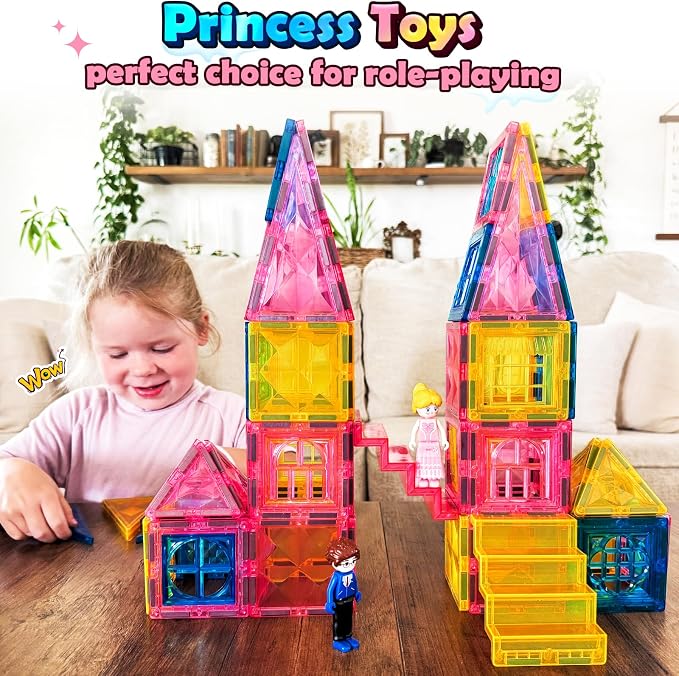Magnetic Tiles 102pcs with 2 Stairs 2 Dolls Princess Castle Magnetic Building Blocks 3 4 5 6 7 8 9 10 Year Old Girl Birthday Gifts Toys for Girls 3-5 4-6 7-8 8-10 10-12