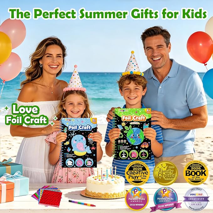FUNNYB&G Foil Art Craft Kit for Kids 4-10 Years Old: Mess-Free & No-Glue, Create 16 Sparkly Going Green Pictures – Perfect Travel Toy & Birthday Gift for Kids (Going Green)