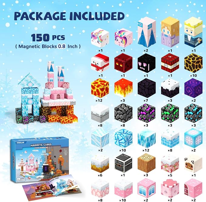 150 PCS Princess Castle Magnetic Blocks, Easter Gifts for Kids 3 4 5 6 7 Year Old - Ice & Fire Magnetic Tiles for Toddlers, Idea Birthday Gift Travel Toys for Ages 3-5 4-8 Boys and Girls.