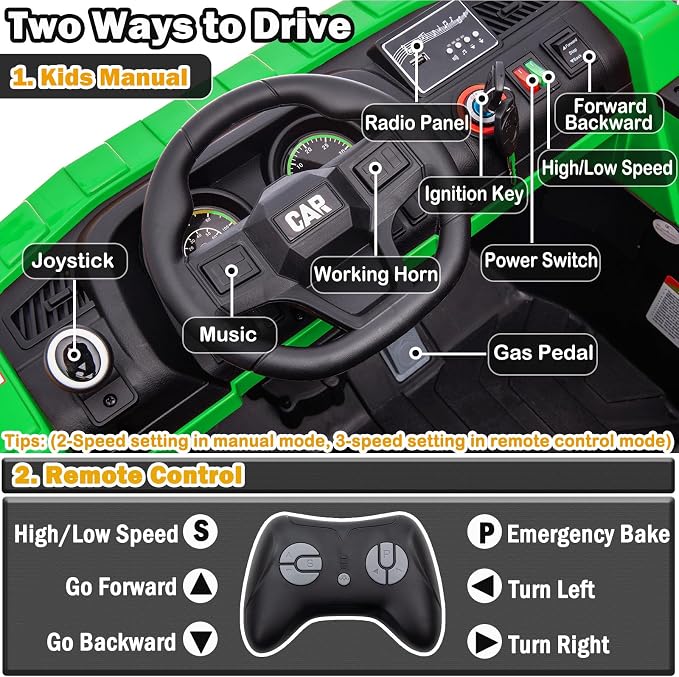 NEWQIDA 24V Ride on Dump Truck, Kids Electric Car with Remote Control, Ride on Construction Vehicles w/Electric Dump Bed, Shovel, 2x75W Powerful Motors, Up to 4.4Mph, EVA Tires, Soft Start, Green