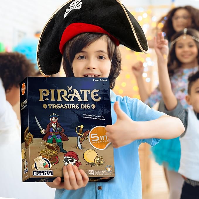 Pirate Treasure Dig Kit - 5-in-1 Skeleton Skull & Gold Brick Excavation Science Kit, Archaeology Stem Educational Toys with Gems, Pirate Statue, Coins, Toy Gift for Kids Boys Girls Age 6+