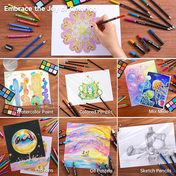 Shuttle Art 106 Piece Deluxe Art Set, Art Supplies in Wooden Case, Painting Drawing Art Kit with Crayons Colored Pencils Oil Pastels Watercolor Cakes Coloring Book Sketch Pad for Kids Adults