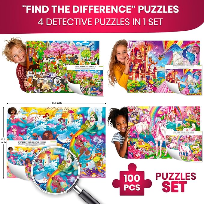 QUOKKA 100 Piece Puzzles for Kids Ages 4-6 – 4 Jigsaw Puzzles for Kids Ages 6-8 – Search and Find Unicorn Princess Mermaid Toys for Children 8-10 Year Old – Educational Game Gift for Boys and Girls