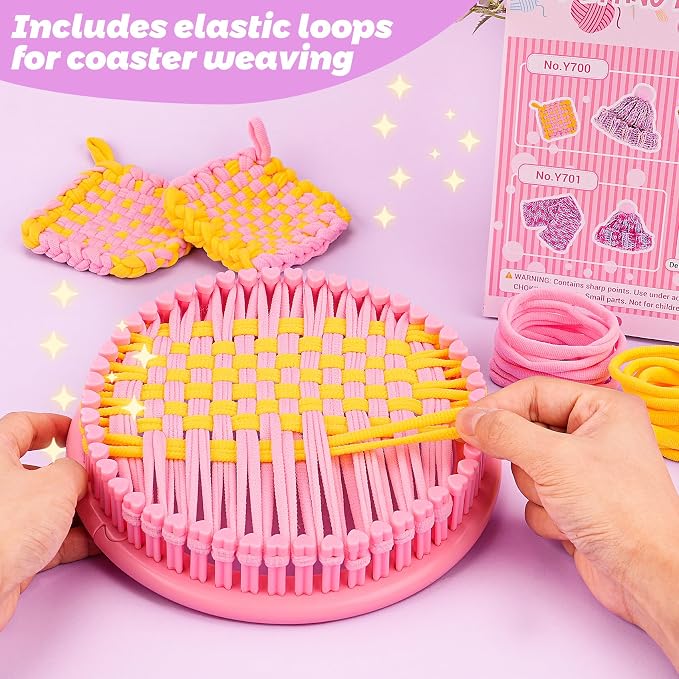 PREBOX Knitting Loom Craft Kit for Kids & Beginners - Create Hat & Scraf with Yarn, Hook Needle, Birthday Gifts Ideas for Teens Girls Age 6-8 8-12 14+, Pink Loom