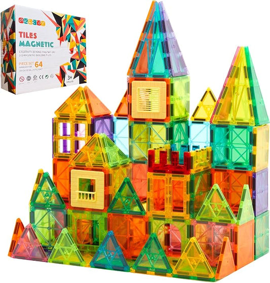 OugerToy Magnetic Building Tiles for Kids,64 PCS Educational Magnetic Stacking Blocks for Boys Girls, Magnets Construction Toys,Stem Preschool Kindergarten Learning Toys