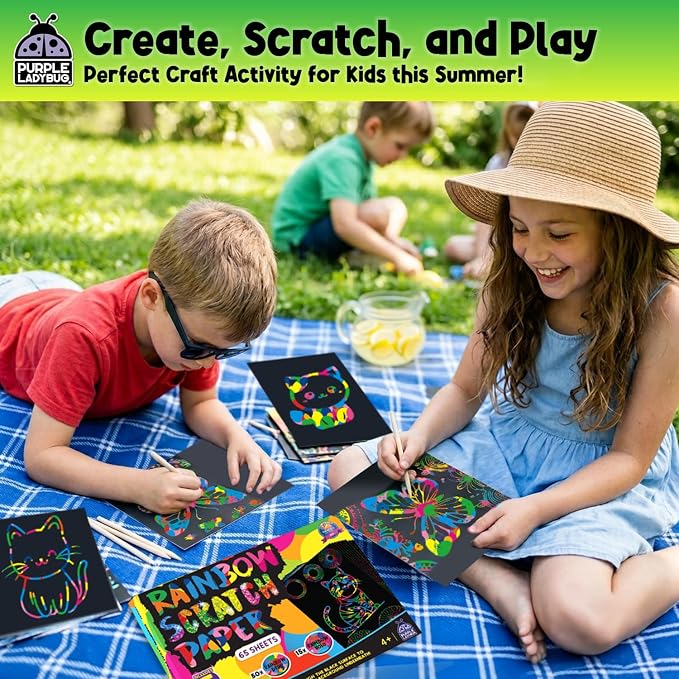 PURPLE LADYBUG Rainbow Scratch Art Paper, 79 PCS Creative Drawing Paper & Stencils - Arts and Crafts for Ages 4-12, Kids Craft Activity Set, Summer Activities for Kids, Travel & Wedding Activities