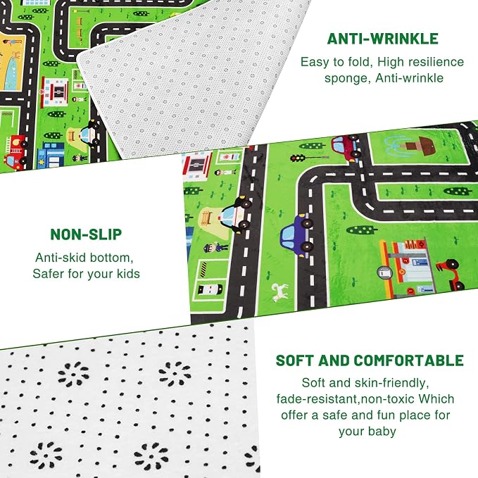 Kids Car Playmat, Kids Rug for Playroom Car Mat Town City Road Traffic Rugs, Play Mat for Floor, Extra Large Boys Kid Car Track Play Rug (Style ONE, 59X 39.4 INCH)