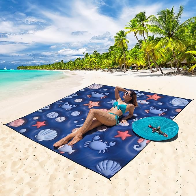 WIWIGO Beach Blanket Waterproof Sandproof Beach Mat 79" X 83"/10'x9'for 2-8 Adults Quick Drying Outdoor Picnic Mat Beach Accessories for Travel, Camping, Hiking