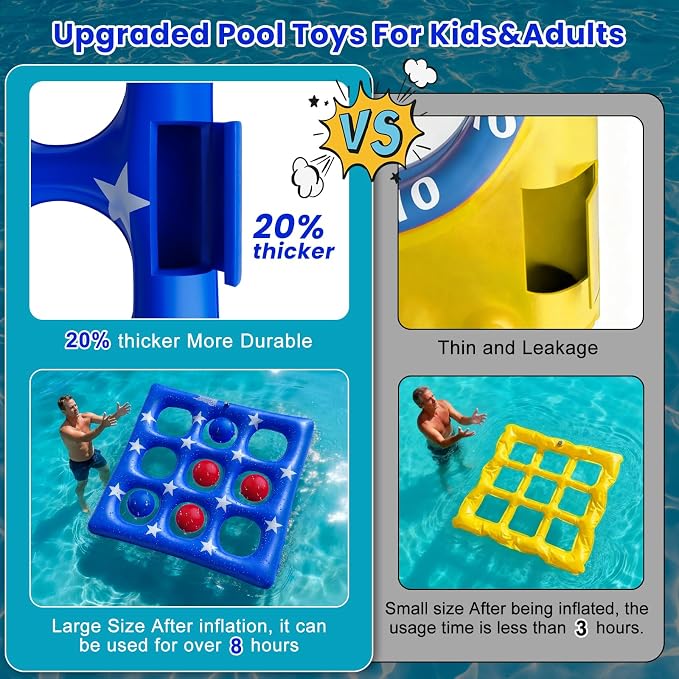 Pool Party Toys Games Set - Giant Inflatable Tic Tac Toe Float Game, Outdoor Pool Games for Adults Kids Family Pool Toys for 2-10 Players, Fun Swimming Beach Yard Activities with 10 Balls for Ages 6+