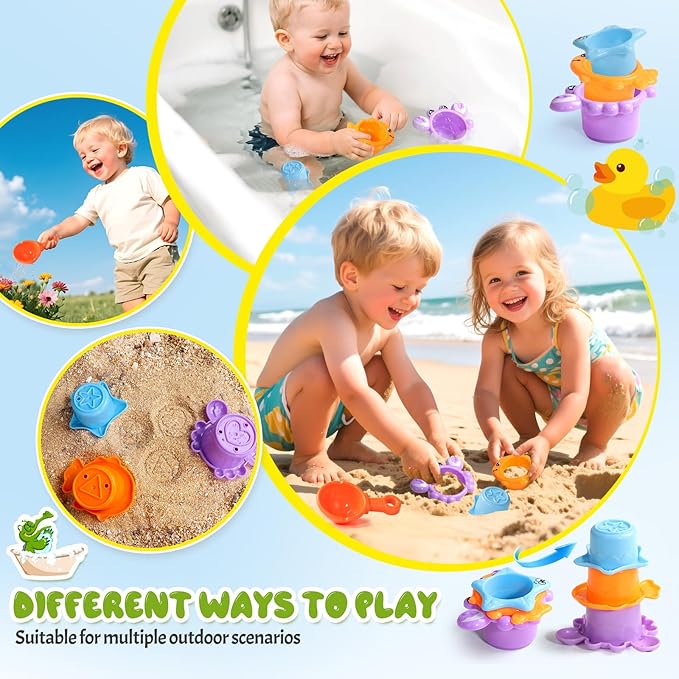 Toddler Bath Toys for Kids Ages 1-3 Waterfall Bathtub Toys for Toddlers 2-4 | with 3 Stacking Cups No Mold Baby Bath Toys Interactive Duck Water Shower Toys for Boys Girls Gifts with Strong Suction Cups