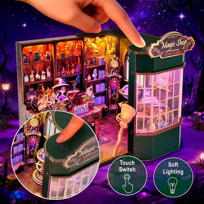 Magic Shop Book Nook Kit - DIY Miniature House Dollhouse Kit for Adult and Teens, Tiny House Bookshelf Decor 3D Wooden Puzzle with LED Lighting, Gifts for Family, Friends (Magic Shop)