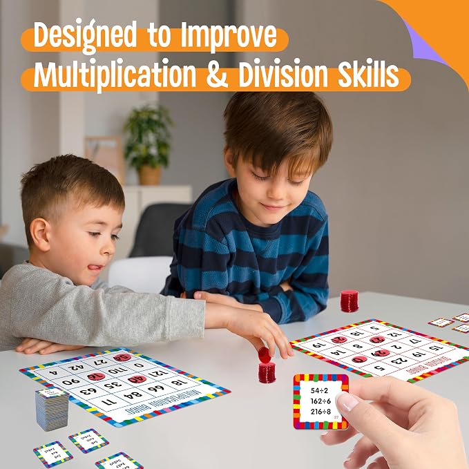 SpriteGru Multiplication & Division Bingo Game, 480 Math Problems, 2 Educational Math Board Game for Kindergarten and Preschool Kids 4-8, Perfect for Classroom & At Home (Up to 25 Players)