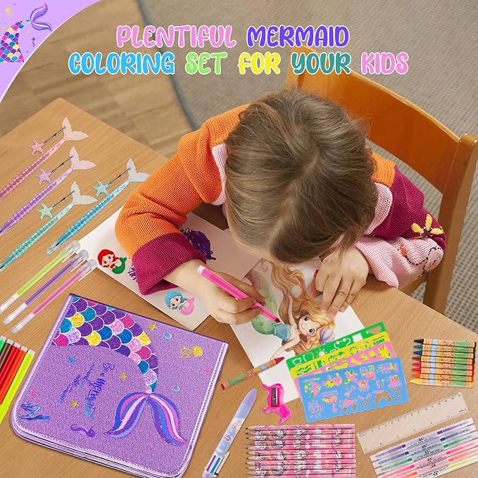 MAIGOZON Mermaid Gifts for Girls - 56 PCS Scented Markers Art Supplies Set for Kids Ages 4-8, Coloring Drawing Kit with Glitter Mermaid Case & Quick-Dry Gel Pens, Birthday Christmas Gift