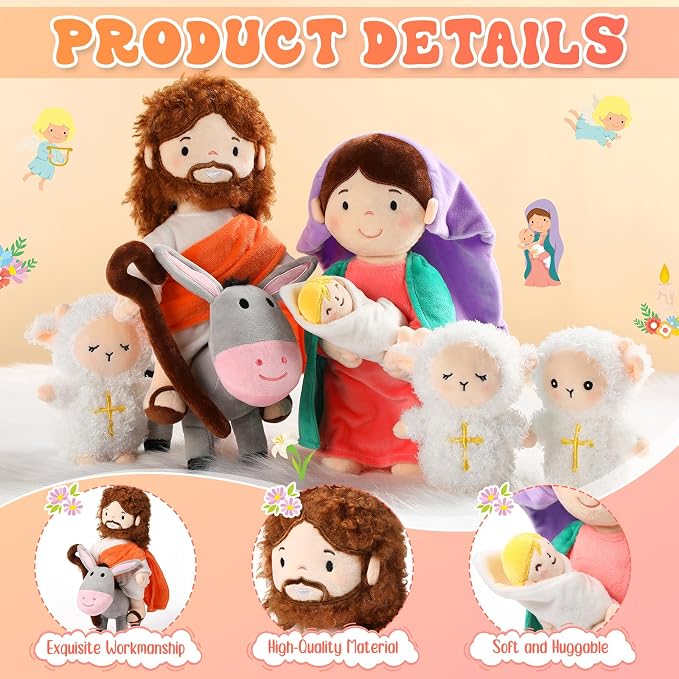 HyDren 6 Pcs Jesus Plush Doll, Christian Gift Nativity Set Religious Plush Doll 11 Inch Saint Virgin Mary with Baby Jesus and Donkey Lambs, God Christening Gift for Christmas Kids Church Nursery