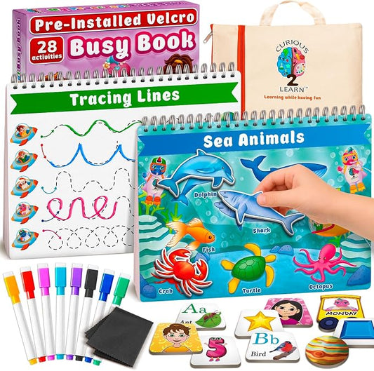 Curious 2 Learn Montessori Busy Book for Toddlers Ages 3–5 — PRE-Installed Velcro, 28 Activities, 165+ Pieces, Travel Bag & 8 Markers — Screen-Free Preschool Learning Toy, Boys & Girls