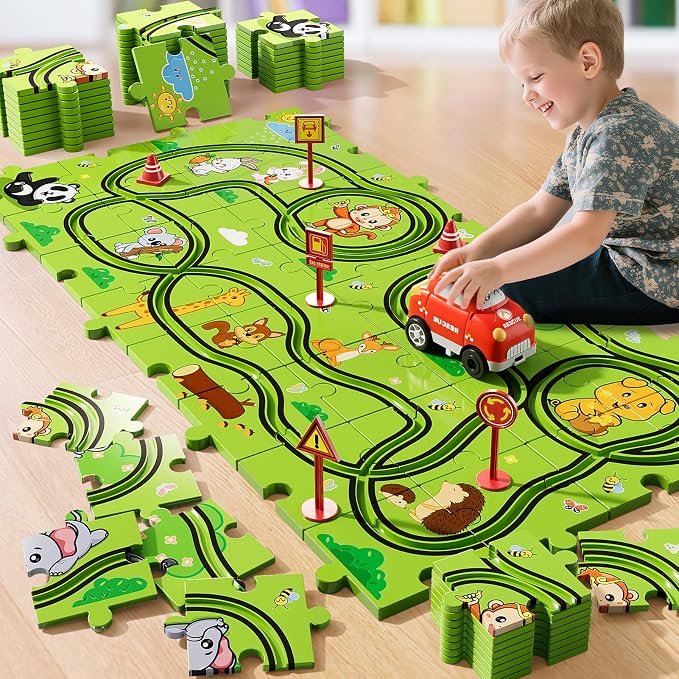 32-Piece Puzzle Race Car Track Set for Toddlers 1-3 | Animal-Themed Tracks, Cars & Road Signs | Puzzle Car Tracks Toddler Toy Gifts for 2 3 4 5 6 Year Old Boys & Girls