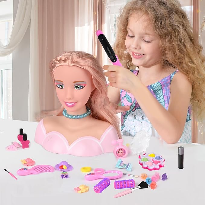 36PCS Doll Head Hair Styling Makeup Toy Set Kids Pretend Play Styling Set with Hairdryer Curling Iron Crown Accessories Beauty Stylist Kit Gifts for 3 4 5 6+ Years Old