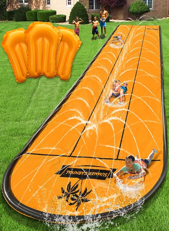 Spring Water Slip and Water Slide for Kids Backyard, 22ft*3 Racing Lanes Slip Water Slides with Sprinkler for Age 5-8 8-12, Summer Outdoor Water Toy with 3 Inflatable Bodyboards