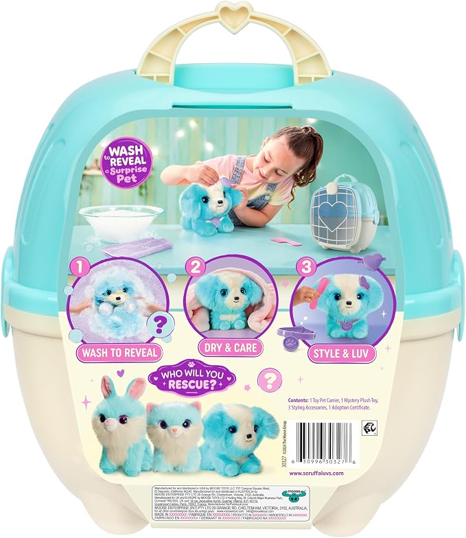 SCRUFFALUVS Blue Surprise Pet, Mystery Plush Toys, Stuffed Animals, Wash to Reveal 1 of 3 Rescue Surprise Toy Pets: Puppy, Bunny, or Kitty - Includes 8.7" Deluxe Carrier - Styles May Vary