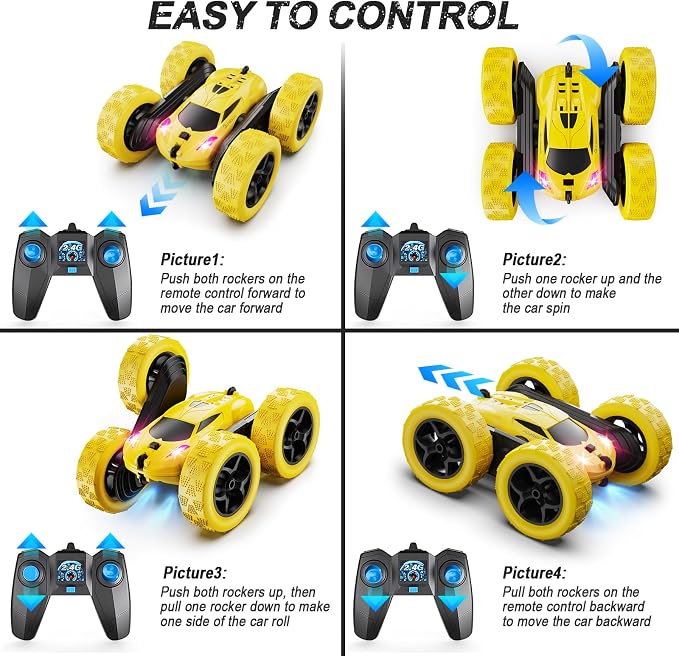 QUNREDA Remote Control Car,RC Car Toys for 6-12 Year Old Boys, Off Road RC Stunt Car 4WD 360° Rotating Remote Control Car for Kids, Boys Girls Gifts for Birthday, Christmas Yellow