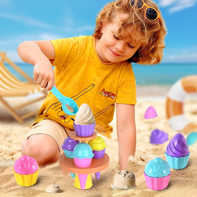 SupMLC Beach Toys Ice Cream Sand Toys - Toddlers Beach Essentials for Kids Girls Boys, Sand Molds, Shovels with Collapsible Mesh Bag, Travel Sand Box Toys for Beach, Party, Bath Toys Pretend Play