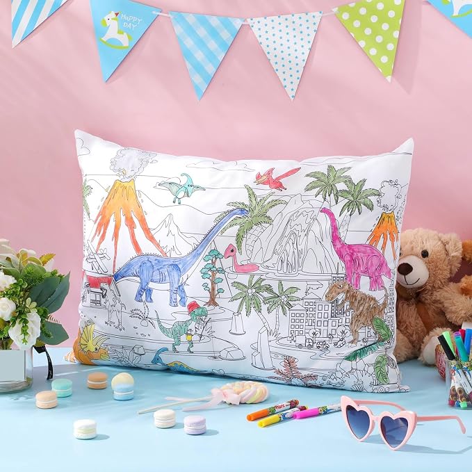 Mindsoft Coloring Craft Coloring Pillowcase Pillow Covers with 12 Pcs Markers Pens for Decoration Supplies Craft, 28.7 x 19.7 Inch (Dinosaur)