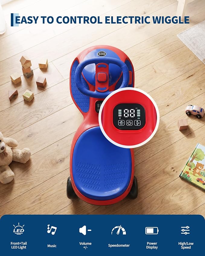 Garvee 12V Electric Wiggle Car for Kids, 2 in 1 Swing Car with Pedal, Anti-Rollover, Max Load 130Lbs,Flashing Wheels, Music,Rechargeable Battery Ride on Toy Indoor Outdoor for Toddlers, Red