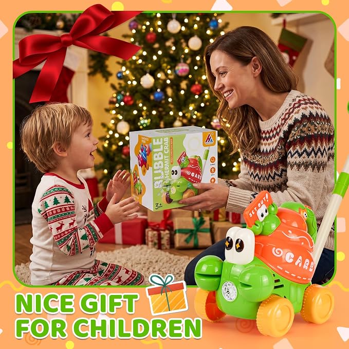 Crab Bubble Machine for Kids,Handheld or Push Bubble Maker Blower,Bubble Lawn Mower W/Lights,Outdoor Toys Birthday Gift for Toddlers Boys Girls 3 4 5 6 Years Old (USB Rechargeable)