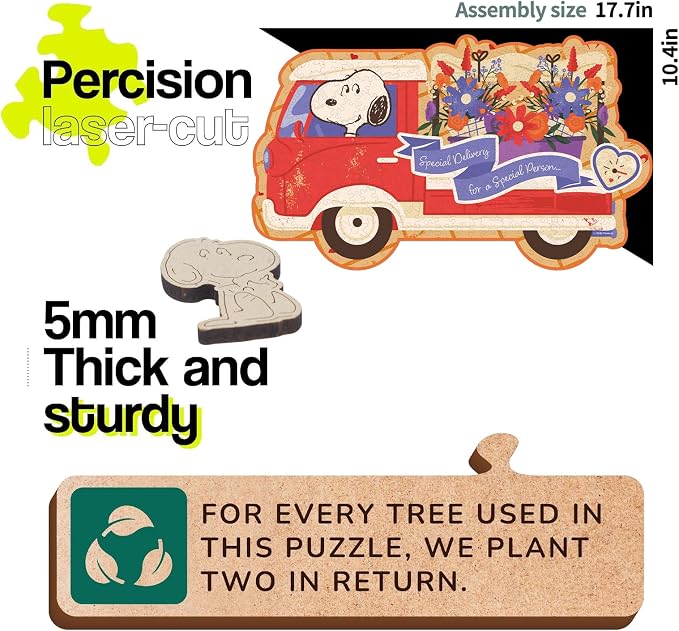 Peanuts Snoopy Puzzles for Adults – 300 Pieces Unique Shaped Flower Car Wooden Jigsaw Puzzles, Birthday Gift for Family, 5MM Thick, Officially Licensed Merchandise – Blooms on Wheels, 17.7" x 10.4"