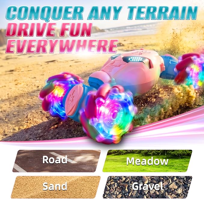 Uucoco Pink Rc Gesture Sensing Stunt Car Toys for Girls 3-12 Years Old, Drift Hand Control Remote Control Cars with Light & Music, 2.4Ghz 4WD 360°Rotation Double Side Cars Birthday Gifts for Kid