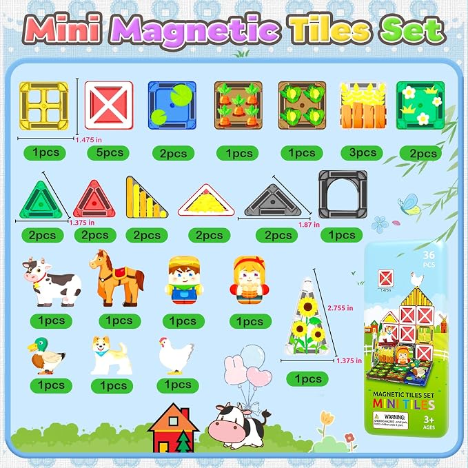 ORZbb Mini Magnetic Tiles Farm Animal Toys Toddler Travel Essentials Set with Case, Kids Magnetic Blocks Montessori Education Learning Sensory Preschool Toys for 3+ Year Old Boys Girls Gifts