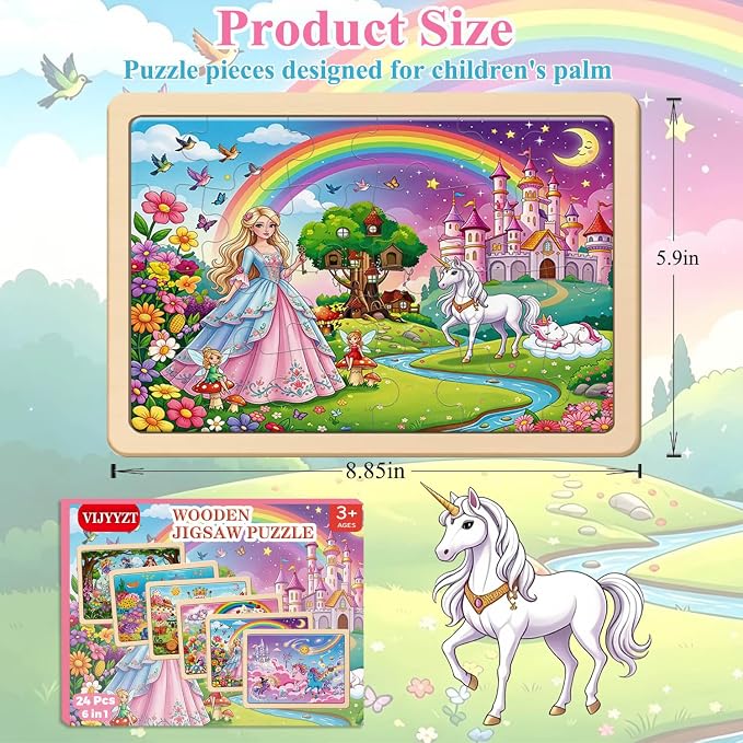 Puzzles for Kids Ages 3-5, 6 Pack Wooden Jigsaw Puzzles 24 Pieces – Unicorn Princess & Mermaid Educational Toys for Toddlers 4-6 Year Old, Gift Box, Easter Christmas Birthday Gifts for Kids