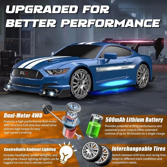 RC Drift Car, 1:24 Scale Remote Control Vehicle for Kids,2.4GHz 20KM/H 4WD High Speed RC Cars with LED Light, Two Batteries & Drifting Tires Racing Sport Toy Cars for Adults Boys Girls Kids 8607WH