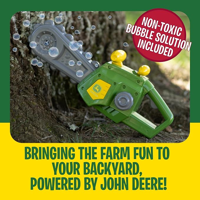 John Deere Motorized Bubble Chainsaw Toy for Kids – Bubble Blowing Pretend Play Tool - Toddler Bubble Blaster Machine - Includes Non-Toxic Bubble Solution, Ages 3+