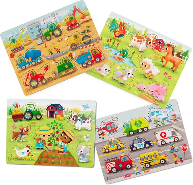B. toys – Peek & Explore Puzzle 4-Pack – Wood Toys for Toddlers, Kids – 8 Pieces Each – Vehicles, Trucks, Animals, Barnyard – 2+ Years